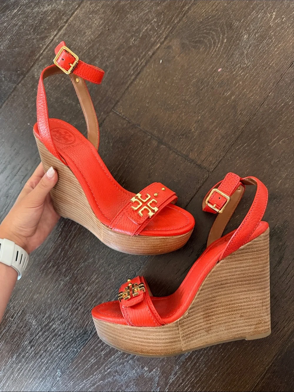Tory Burch Red-Orange Leather Ankle-Strap Wedge Sandal Size 7